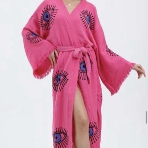 Cotton Turkish Robe/Kimono Pink Handmade Evil Eye Pattern Soft & Lightweight
